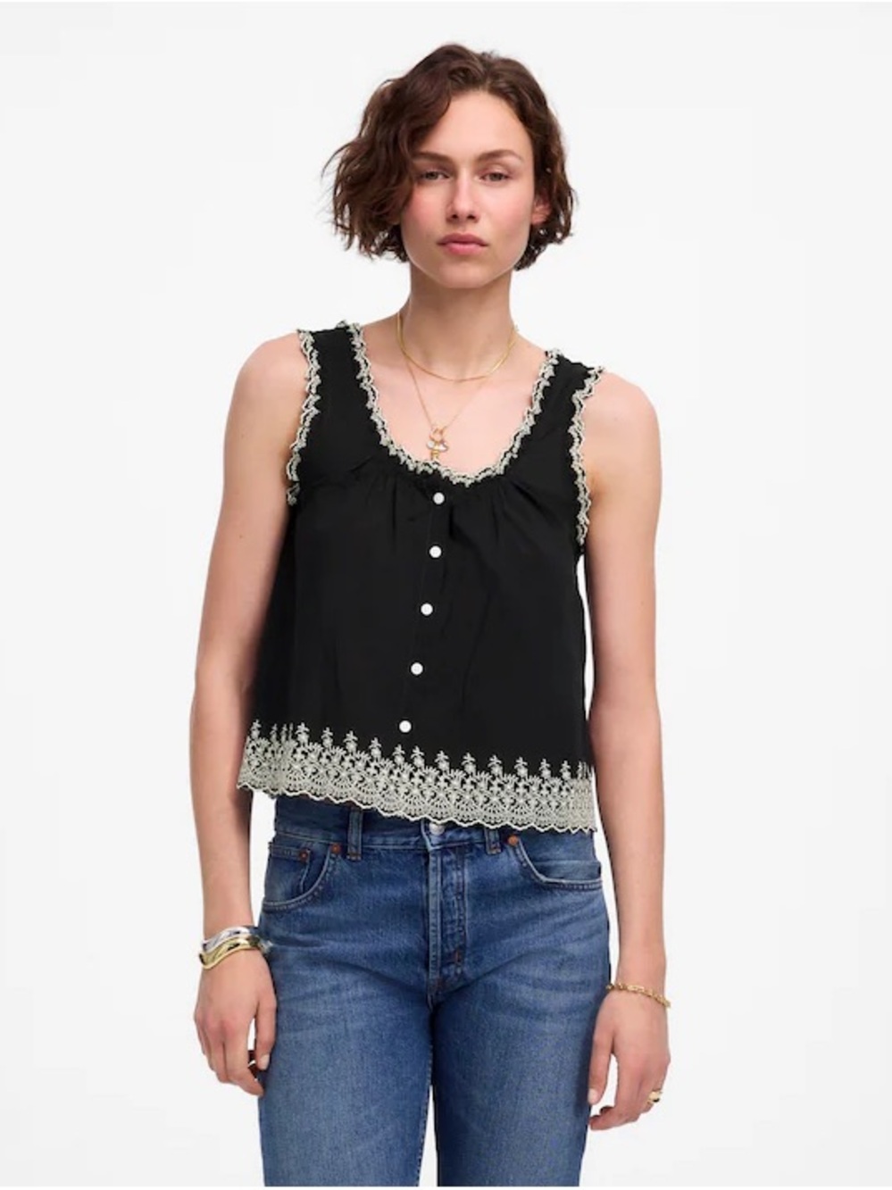 Madewell Embroidered Scalloped Tank in Jet Black, Size S